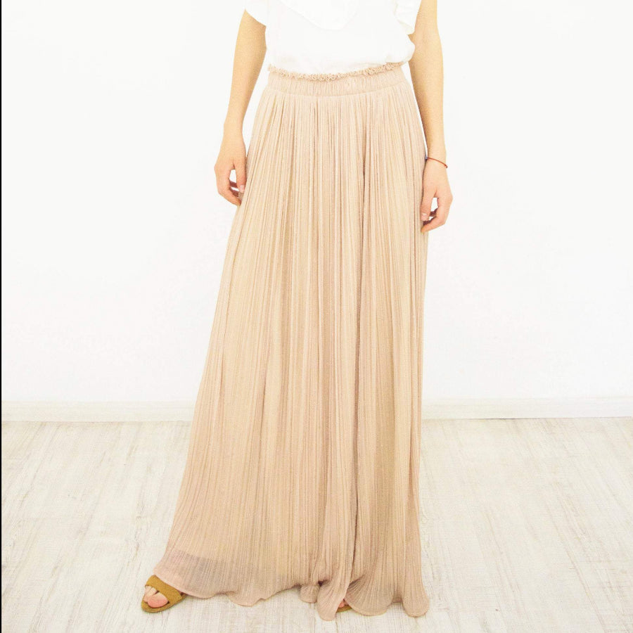 Long Maxi Skirt, Pleated Beige Chiffon Size L