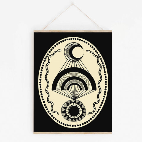 Moon Over Sun Black Art Print