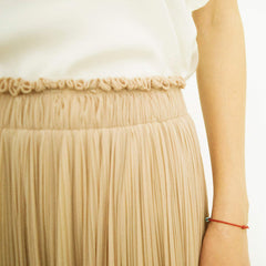 Long Maxi Skirt, Pleated Beige Chiffon Size L