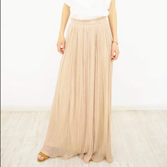 Long Maxi Skirt, Pleated Beige Chiffon Size L