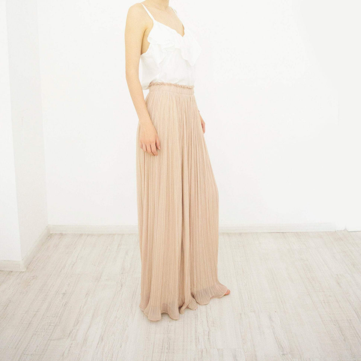 Long Maxi Skirt, Pleated Beige Chiffon Size L