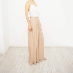 Long Maxi Skirt, Pleated Beige Chiffon Size L