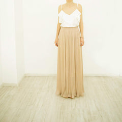 Long Maxi Skirt, Pleated Beige Chiffon Size L