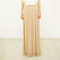 Long Maxi Skirt, Pleated Beige Chiffon Size L